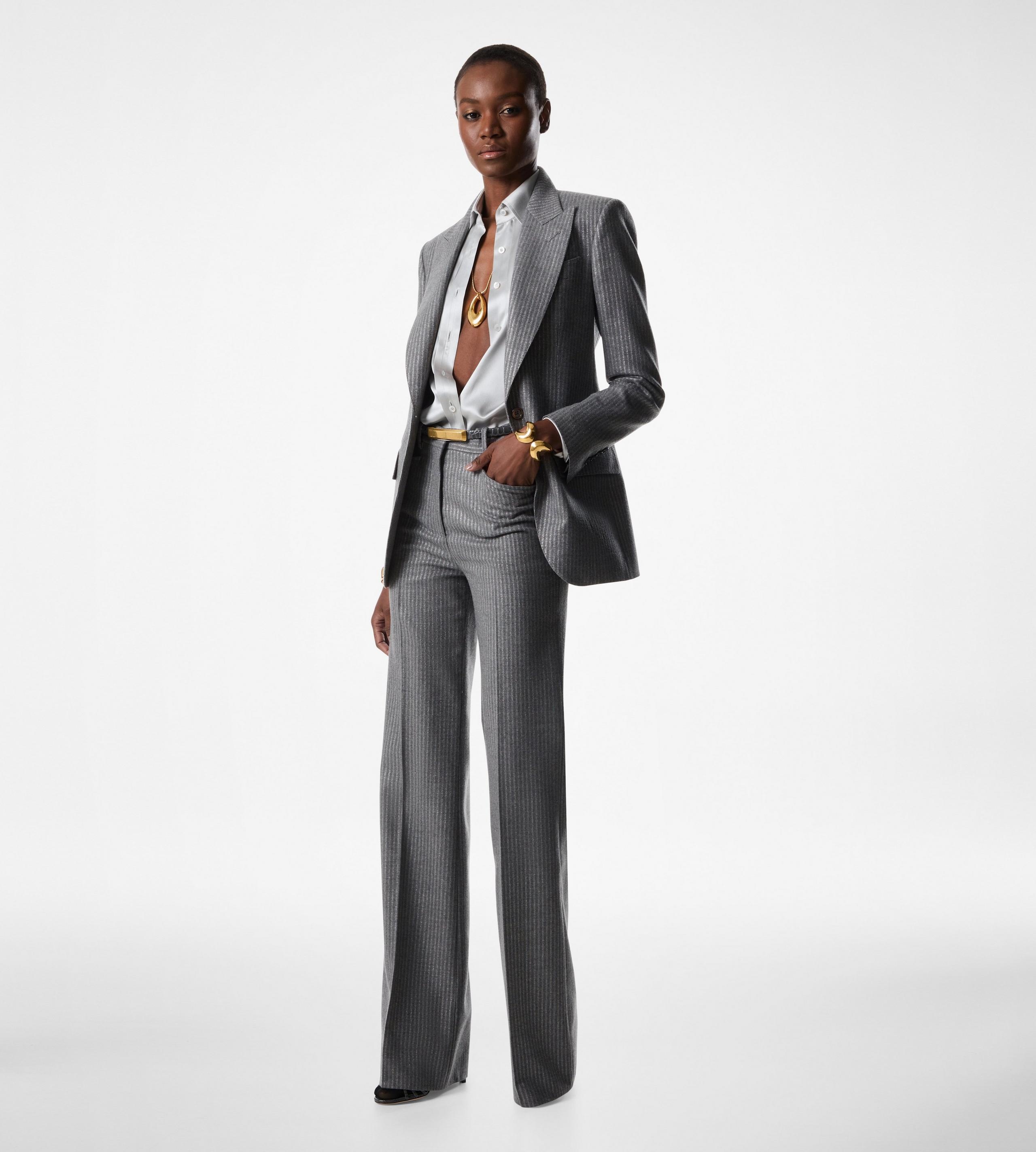 STRIPED WOOL FLANNEL TAILORED BOOT CUT PANTS - 2