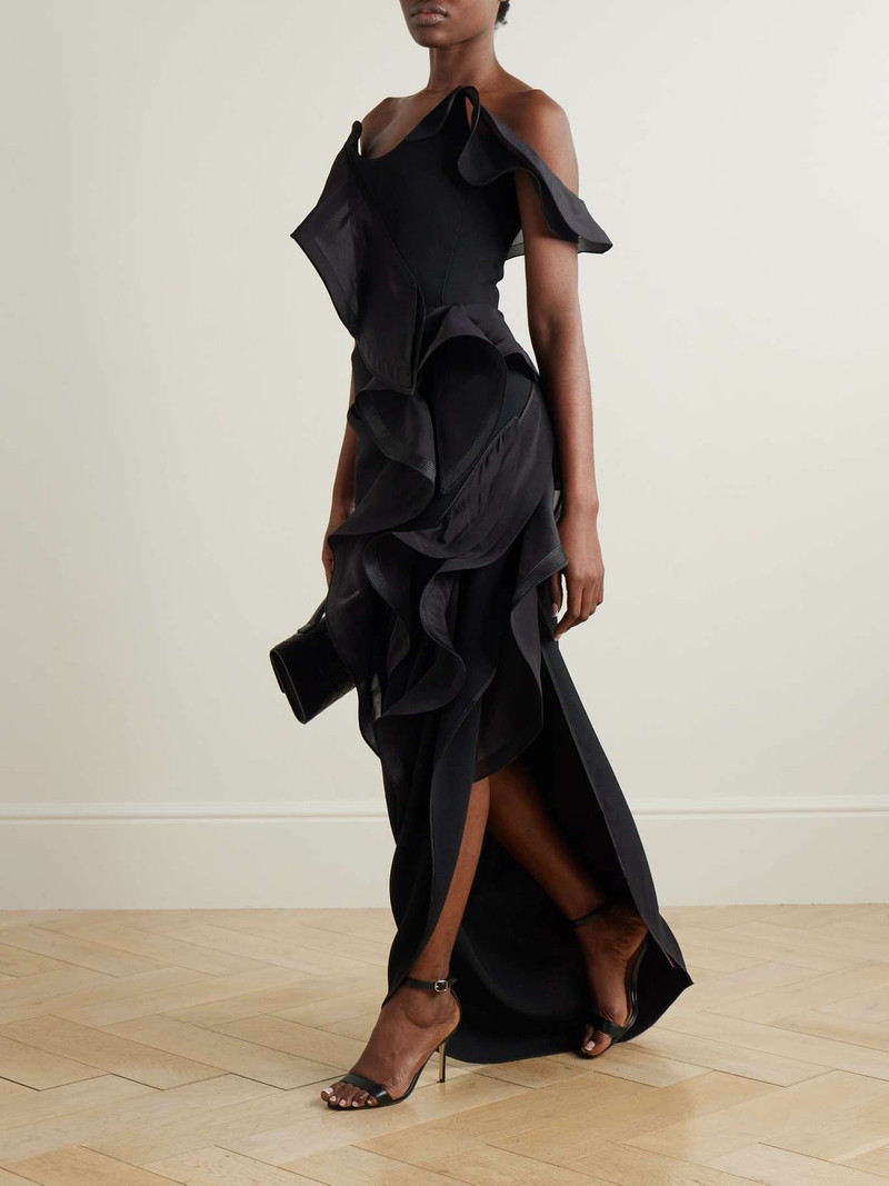 MATICEVSKI Satellite Wave asymmetric ruffled organza-trimmed crepe gown Black outlook