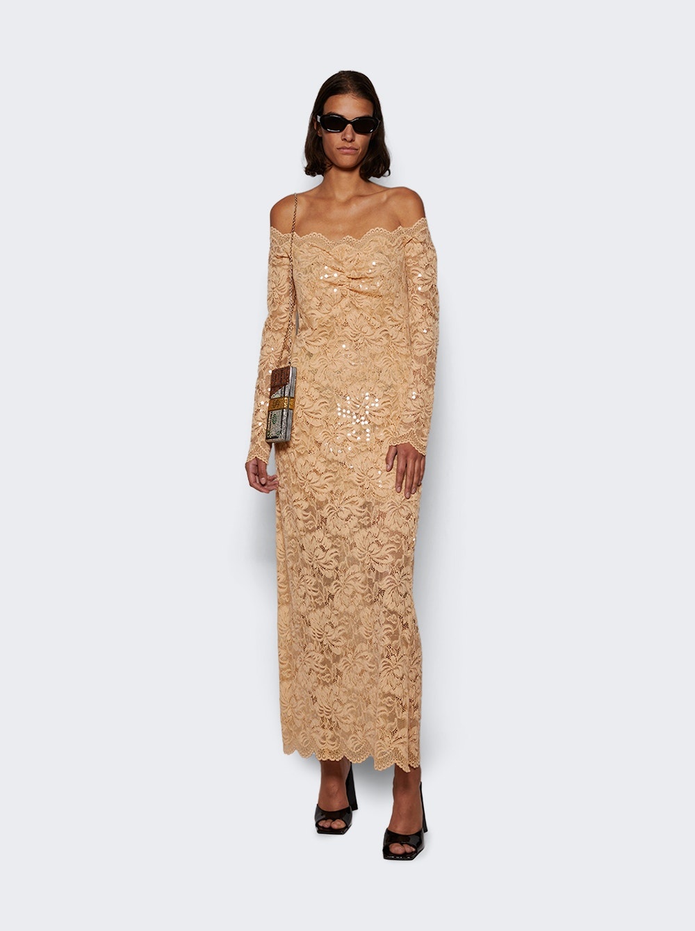 Sequin-embroidered Lace Dress Raffia Beige - 2