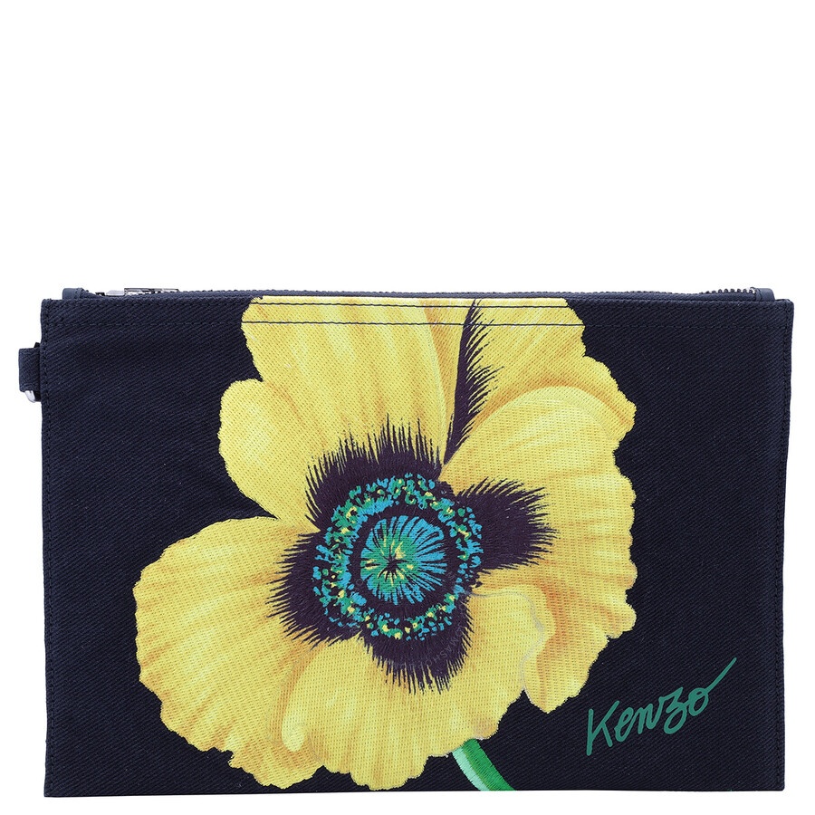 Kenzo Navy Blue Poppy Floral Printed Zipped Large Clutch Bag - 1