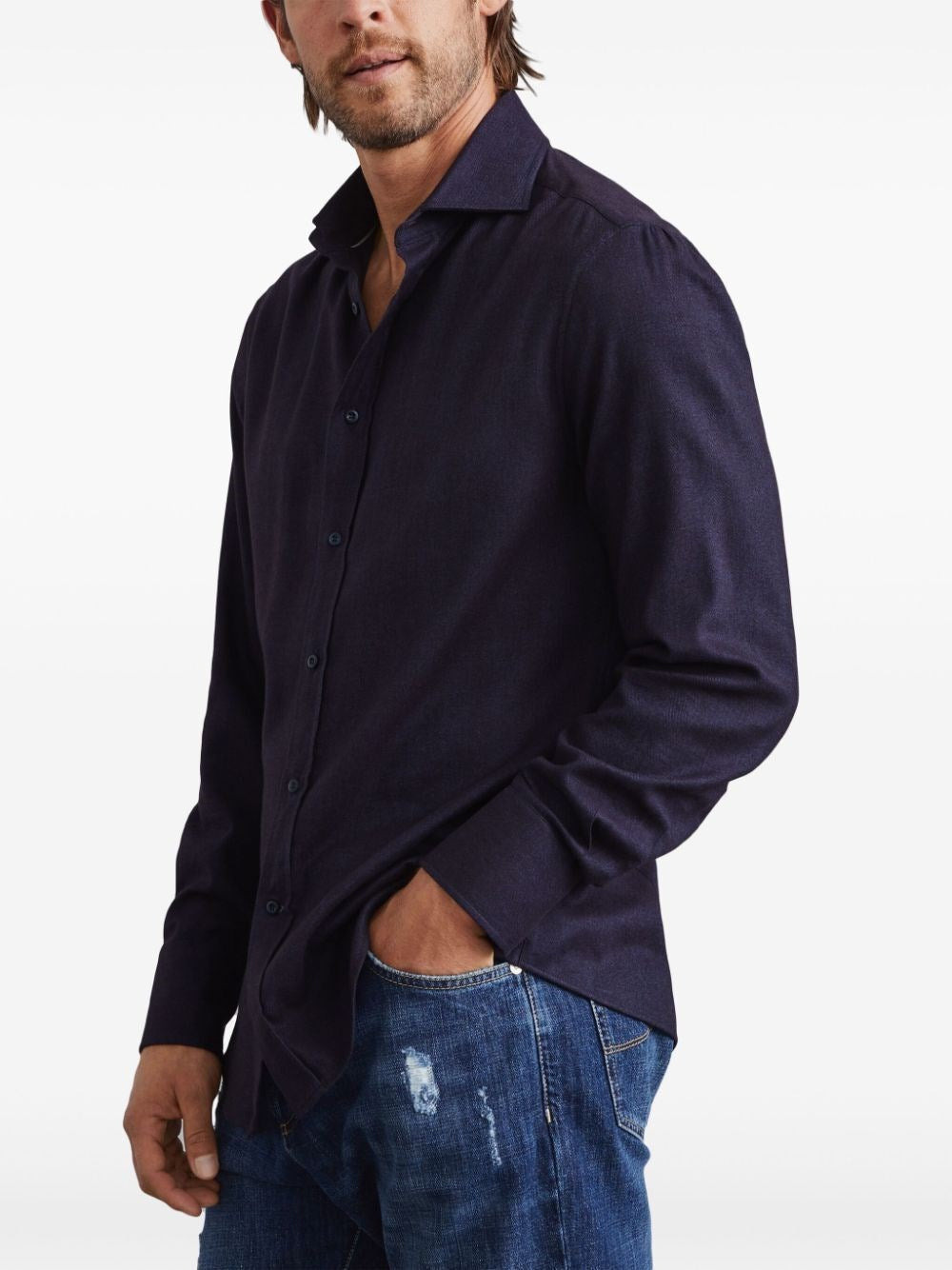 Brunello Cucinelli Men Flannel Slim Fit Shirt With Spread Collar - 4