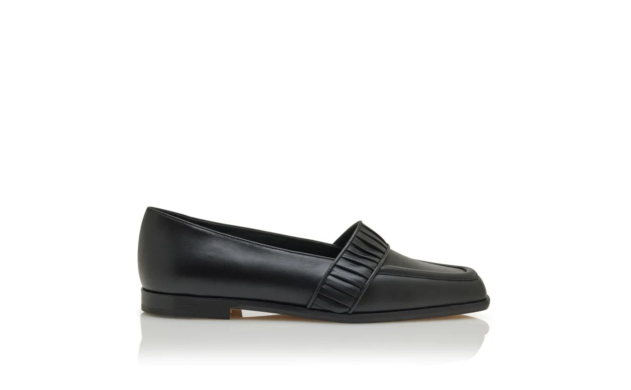 Black Calf Leather Pleat Detail Loafers - 1