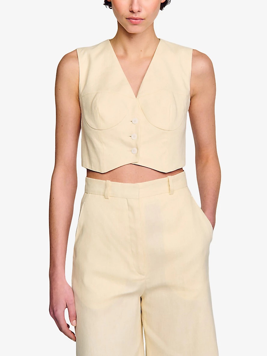 Corset-style cropped stretch linen-blend waistcoat - 3