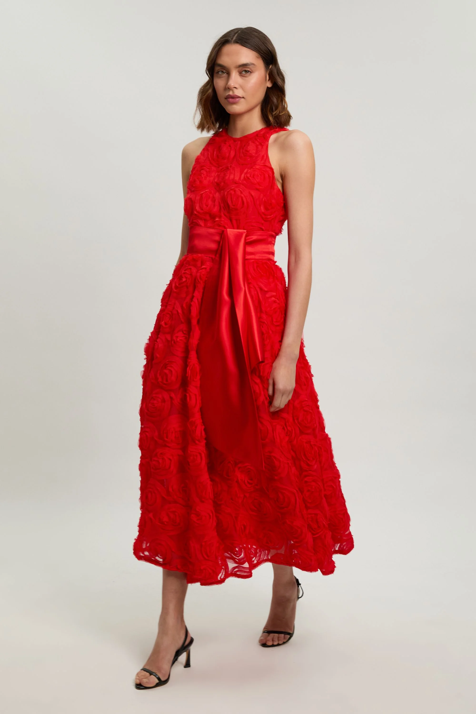 Rosette Tulle Satin Belt Woven Prom Dress - 1