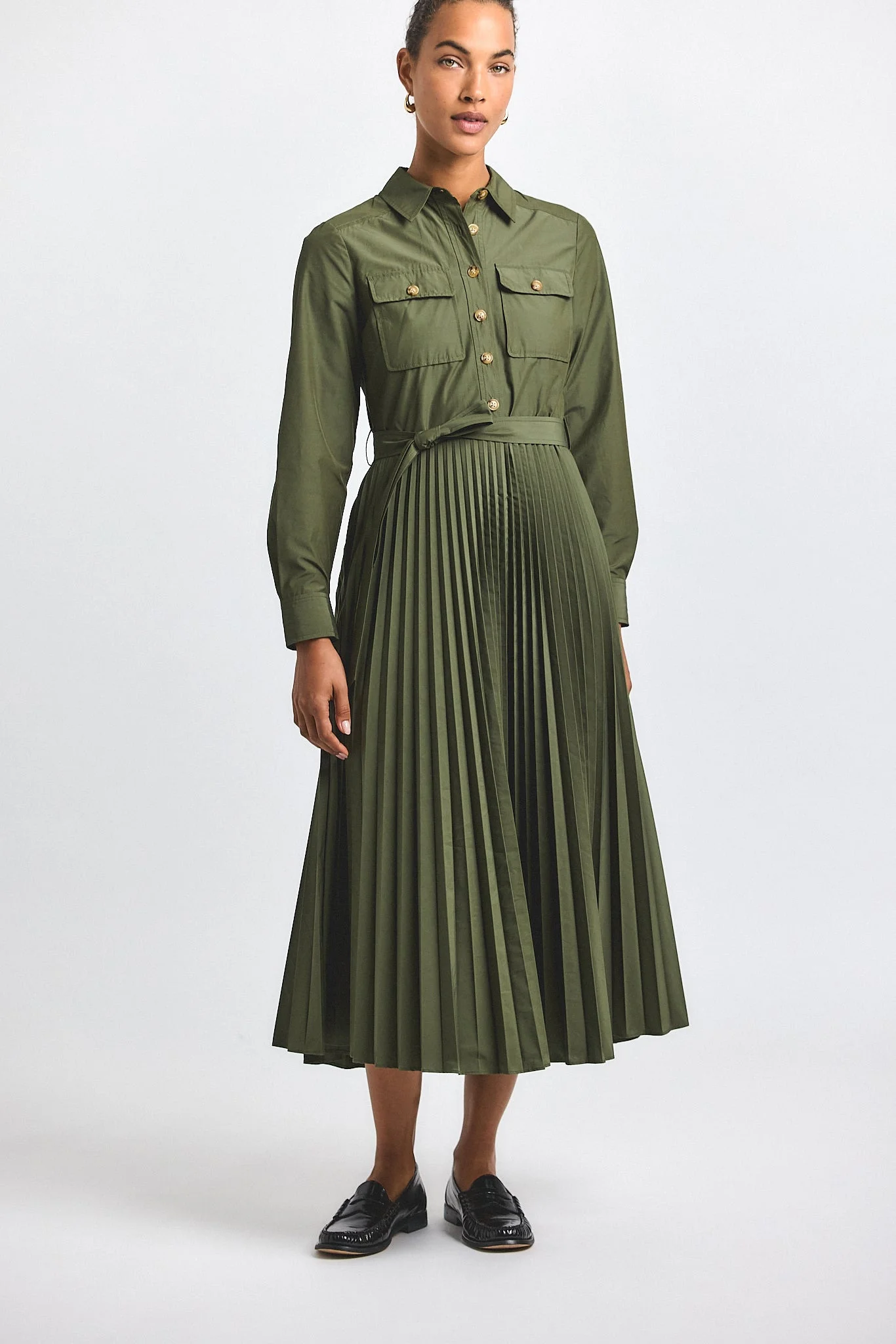 KENZA COTTON POLY POPLIN PLEATED SHIRT DRESS - 1