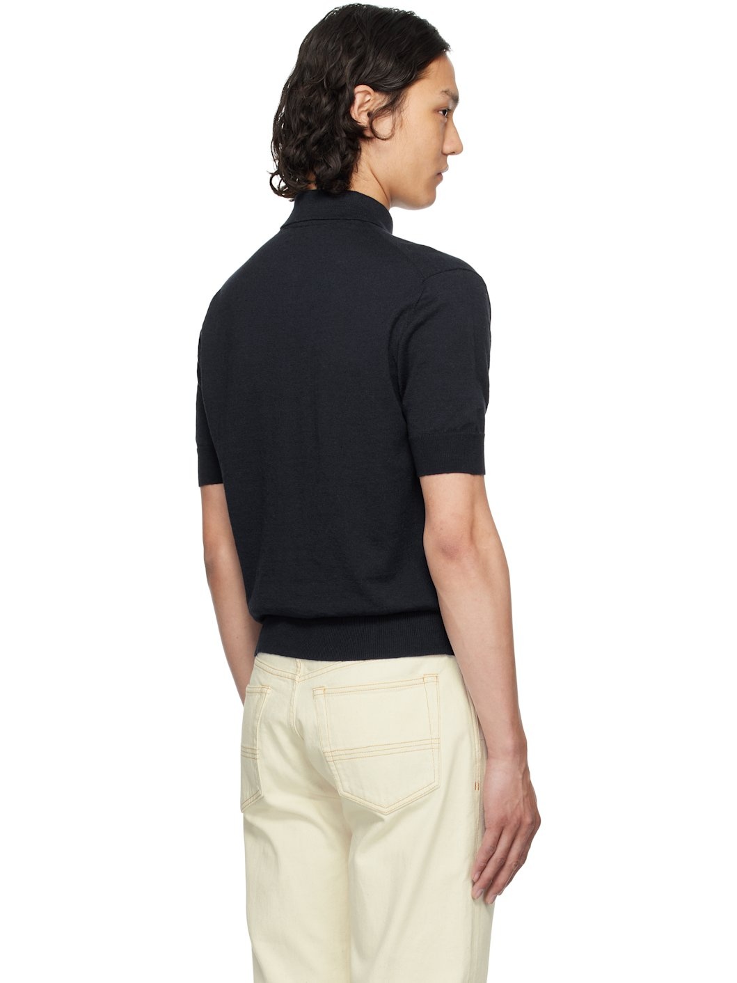 Navy Knitted Linen-Cotton Short-Sleeve Polo - 3