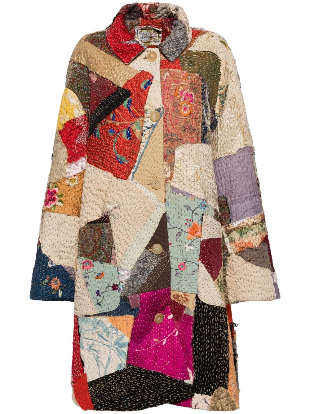 floral-embroidered patchwork coat - 1