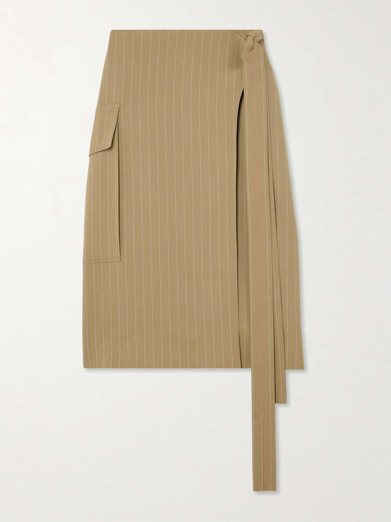 Tie-detailed pinstriped wool-twill midi wrap skirt - 1