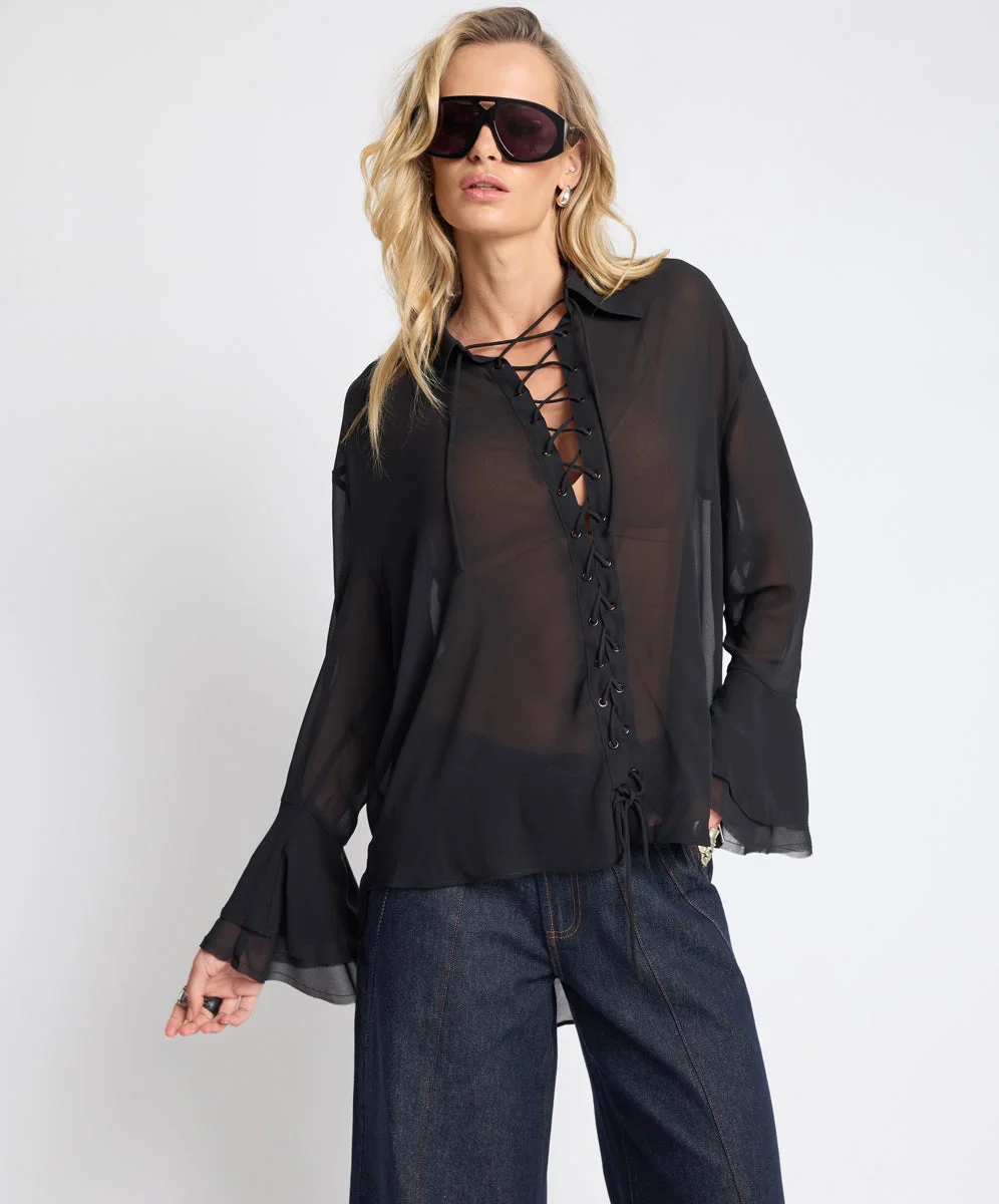 Dark Muse Sheer Lace Up Shirt - Black - 1