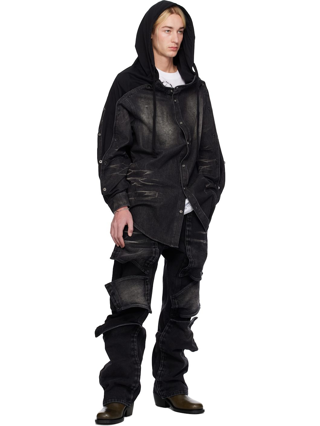 Black Insert Hood Denim Shirt - 5