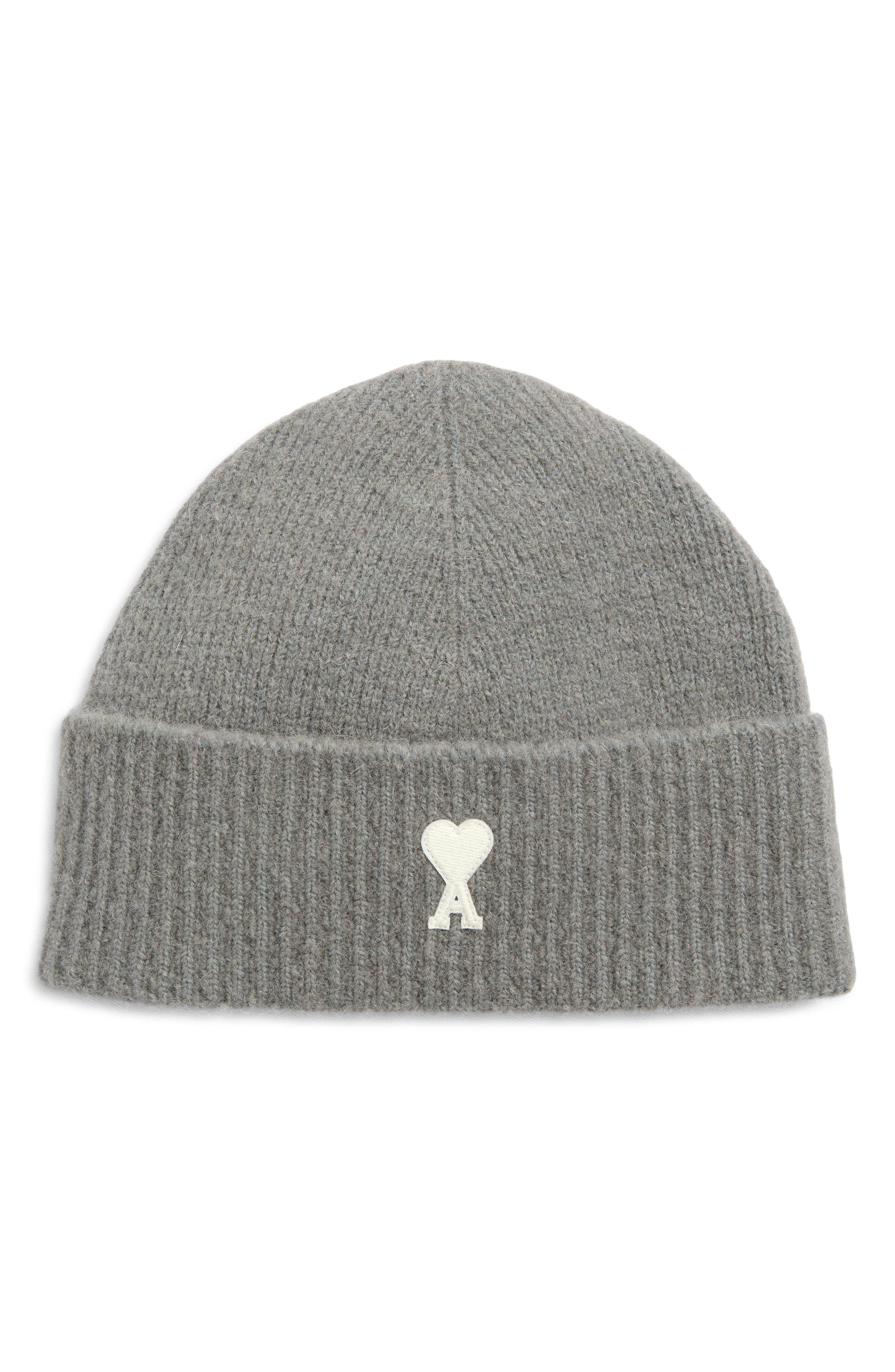 AMI PARIS Ami de Coeur Appliqué Mohair Blend Cuffed Beanie in Gris/Ecru at Nordstrom - 1