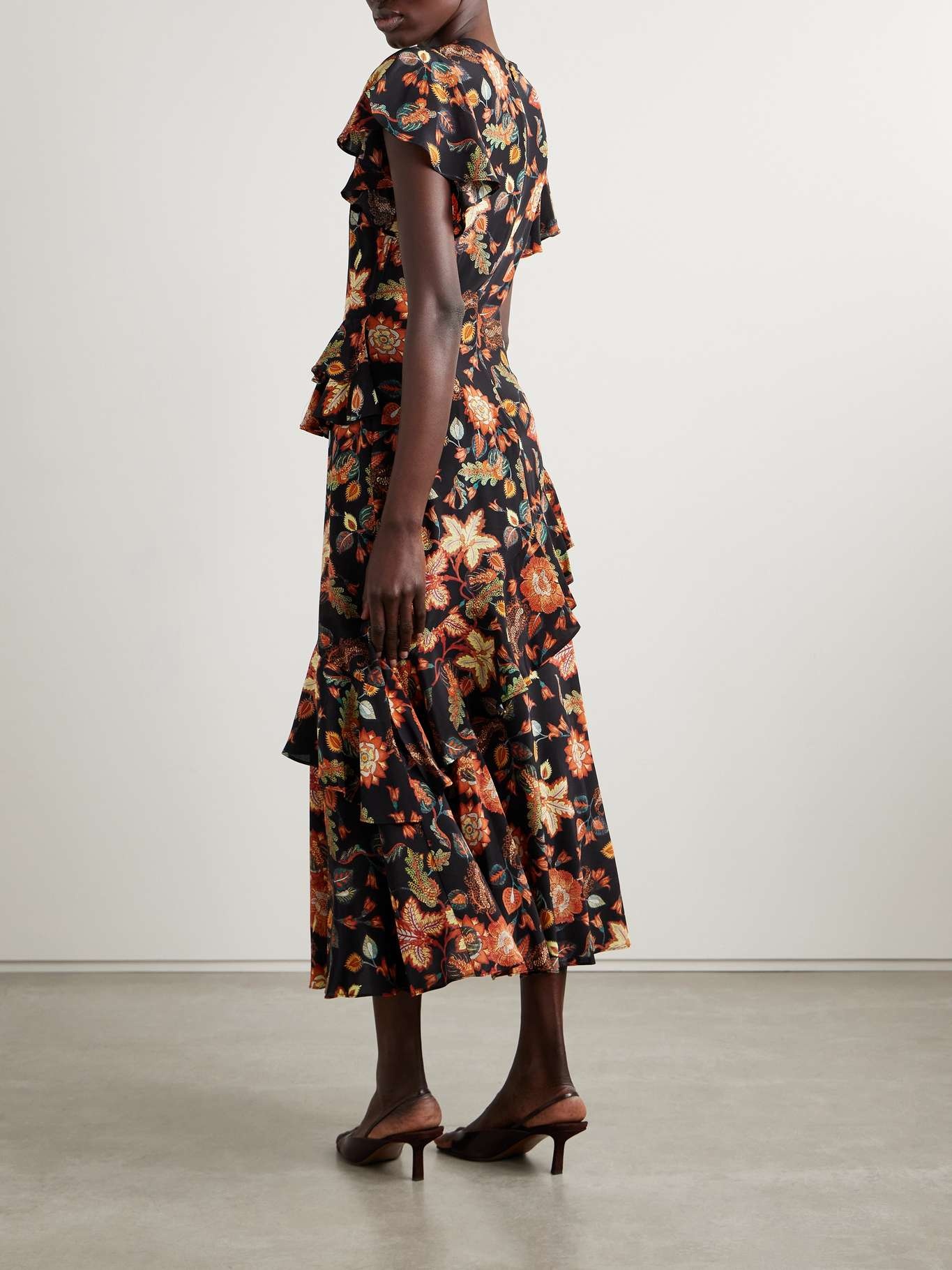 Amaia tiered ruffled floral-print silk midi dress Black - 3