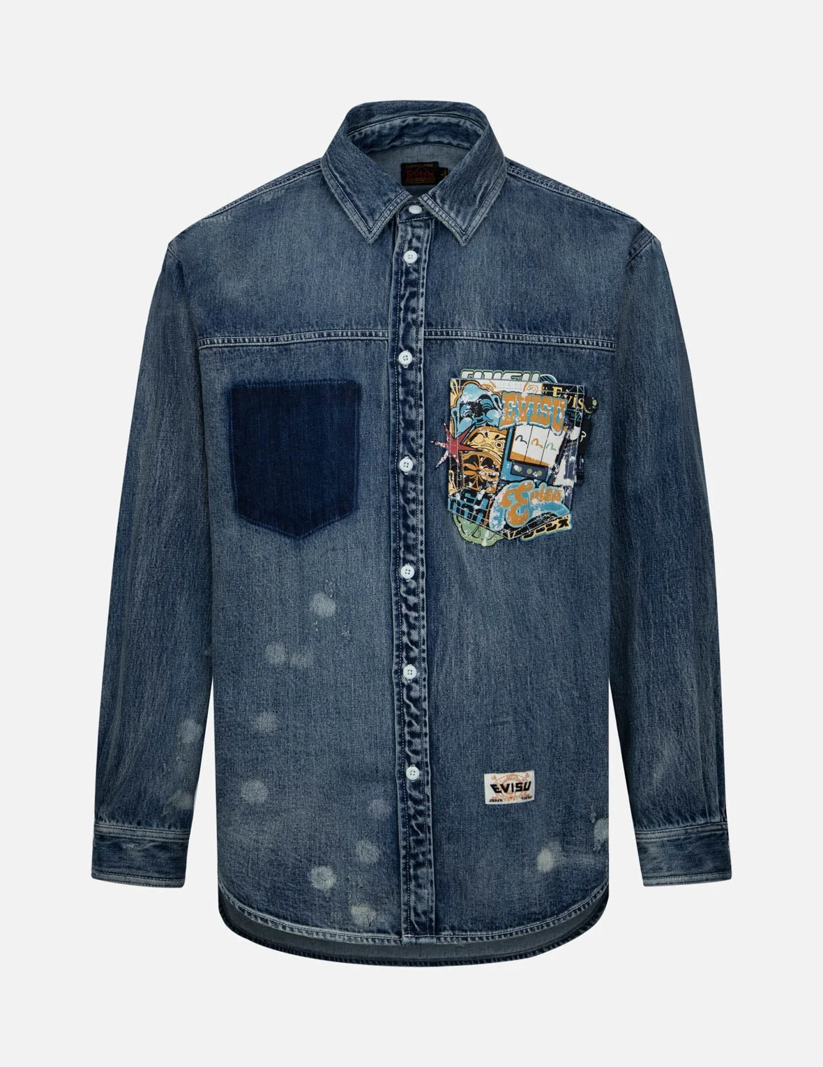 Lucky Slot Machine and Daruma Print Relax Fit Denim Shirt - 1