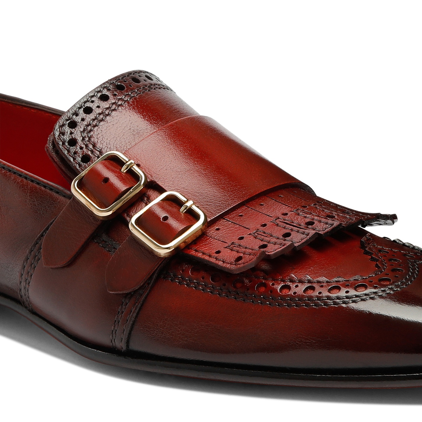 Men's red leather double-buckle loafer with fringe - 6