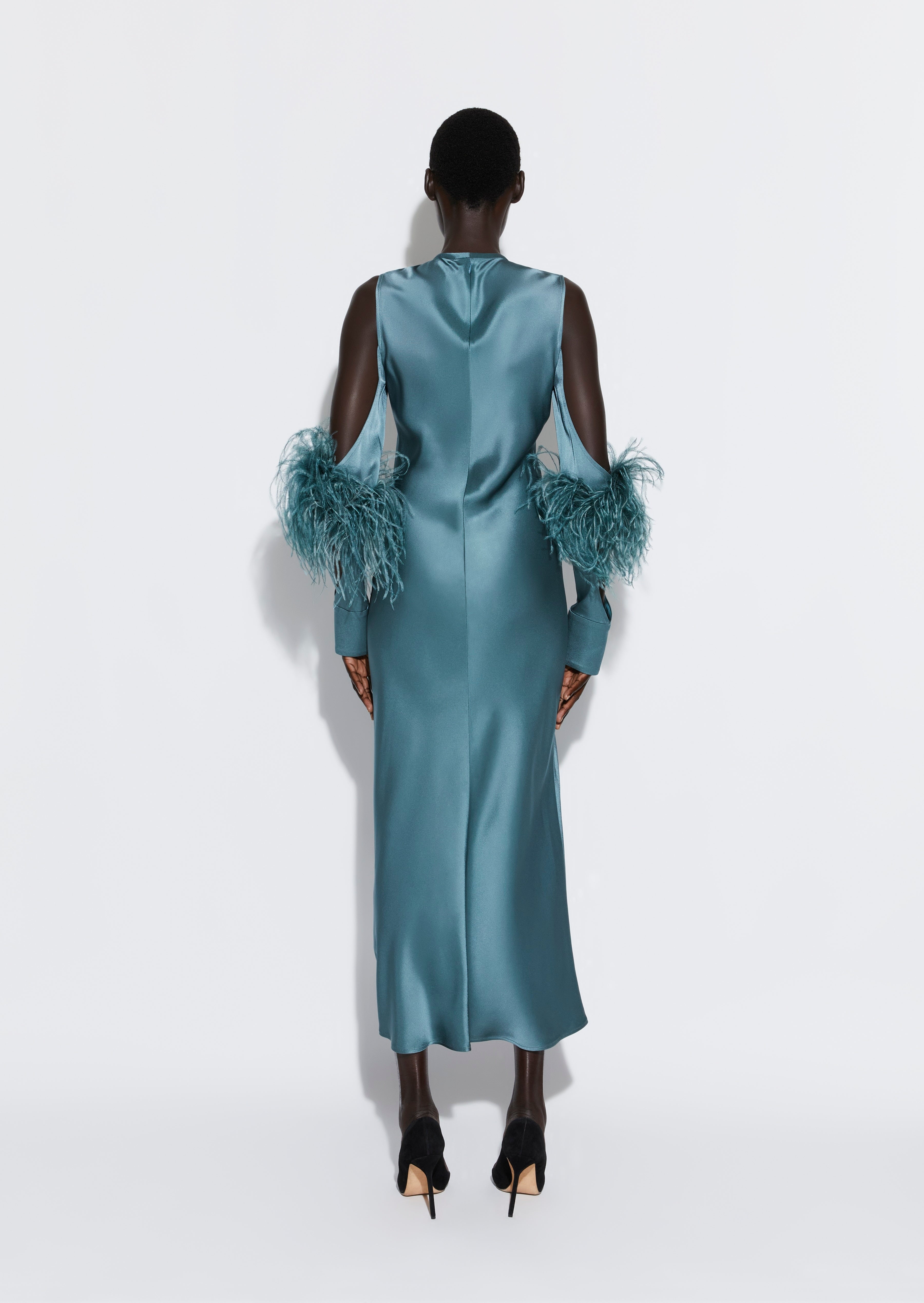 Doubleface Satin Bias Feather Dress With Cut Outs - 3