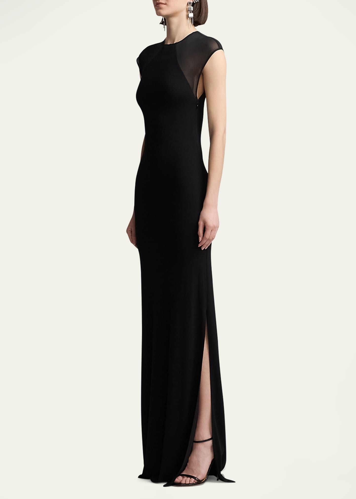 Sheer-Sleeve Jersey Column Maxi Dress - 4