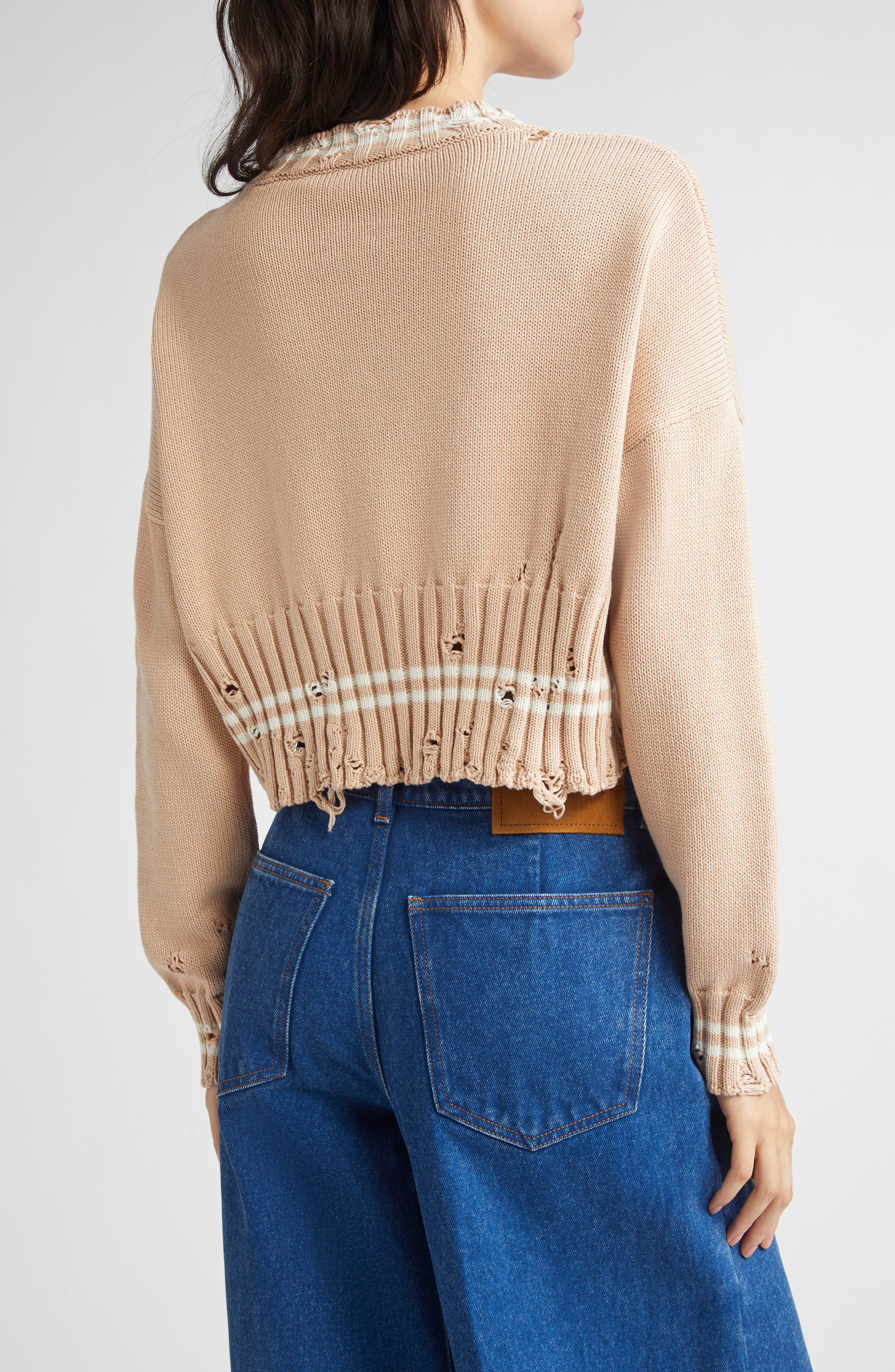 Marni Mending Logo Distressed Cotton Crewneck Sweater in 00W35 Sand Storm at Nordstrom - 3