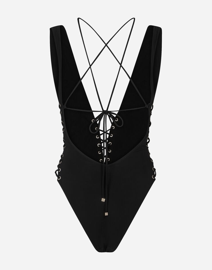 One-piece swimsuit with plunging neckline and lacing and eyelets - 2