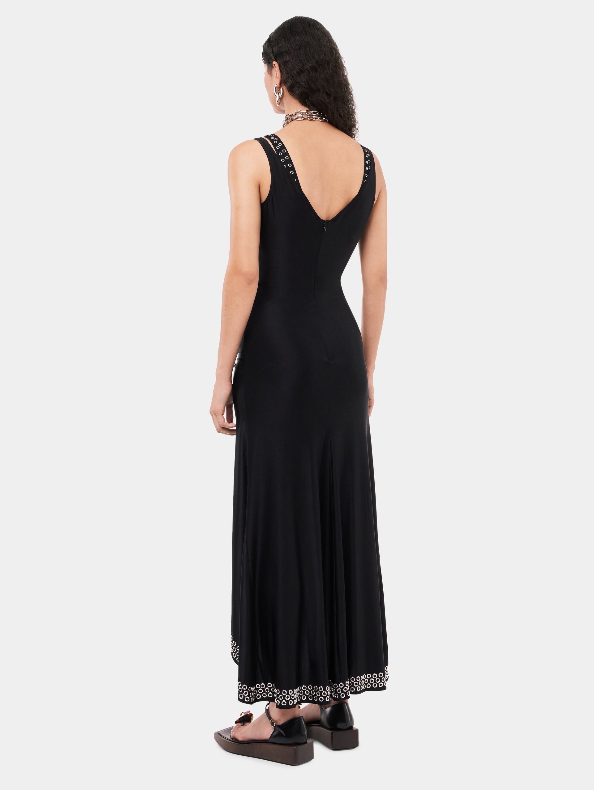 LONG BLACK DRESS WITH EMBROIDERED METALLIC EYELETS - 5