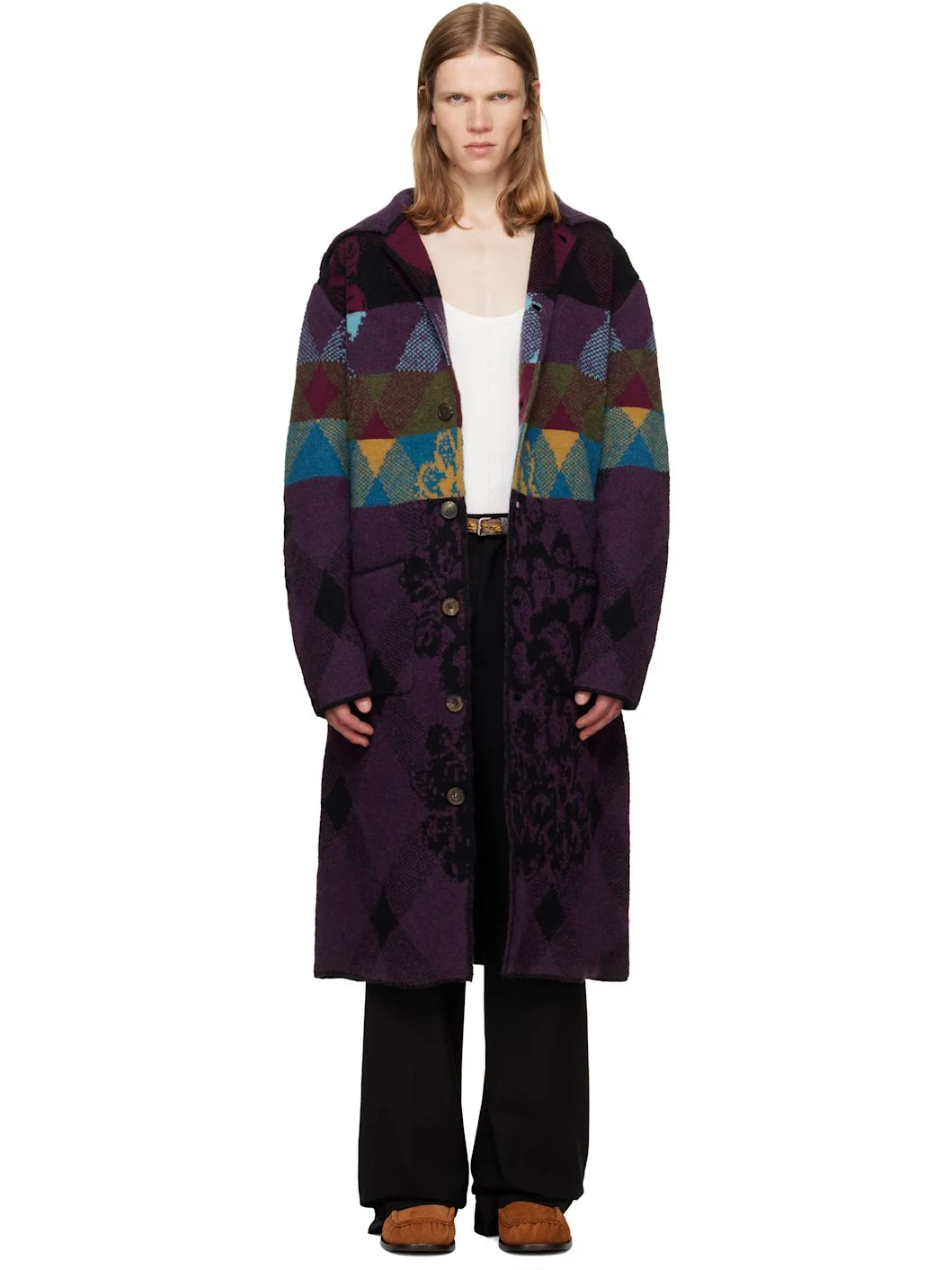 Purple Patchwork Wool Cardigan Coat - 1