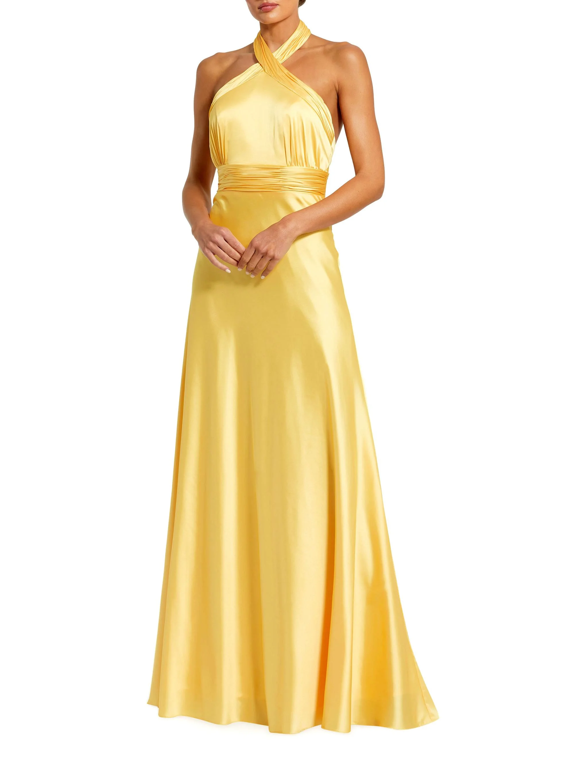 Women's Halter Neck Tie-Back Ruched Satin Gown - Lemon - 1