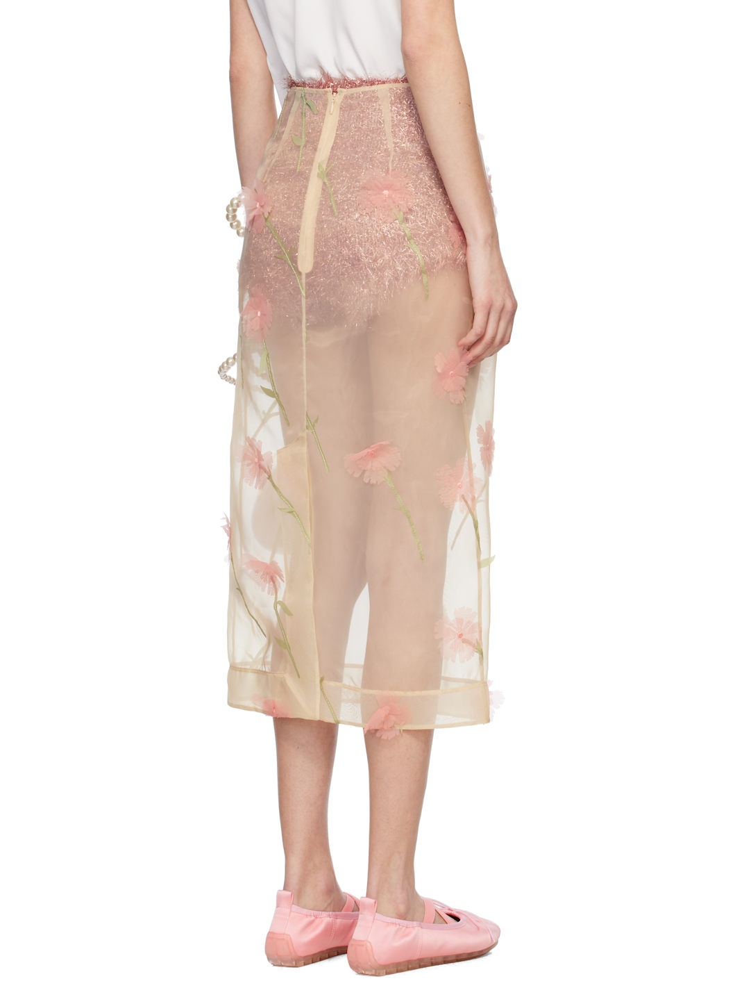Beige Carnation Organza Pencil Midi Skirt - 3