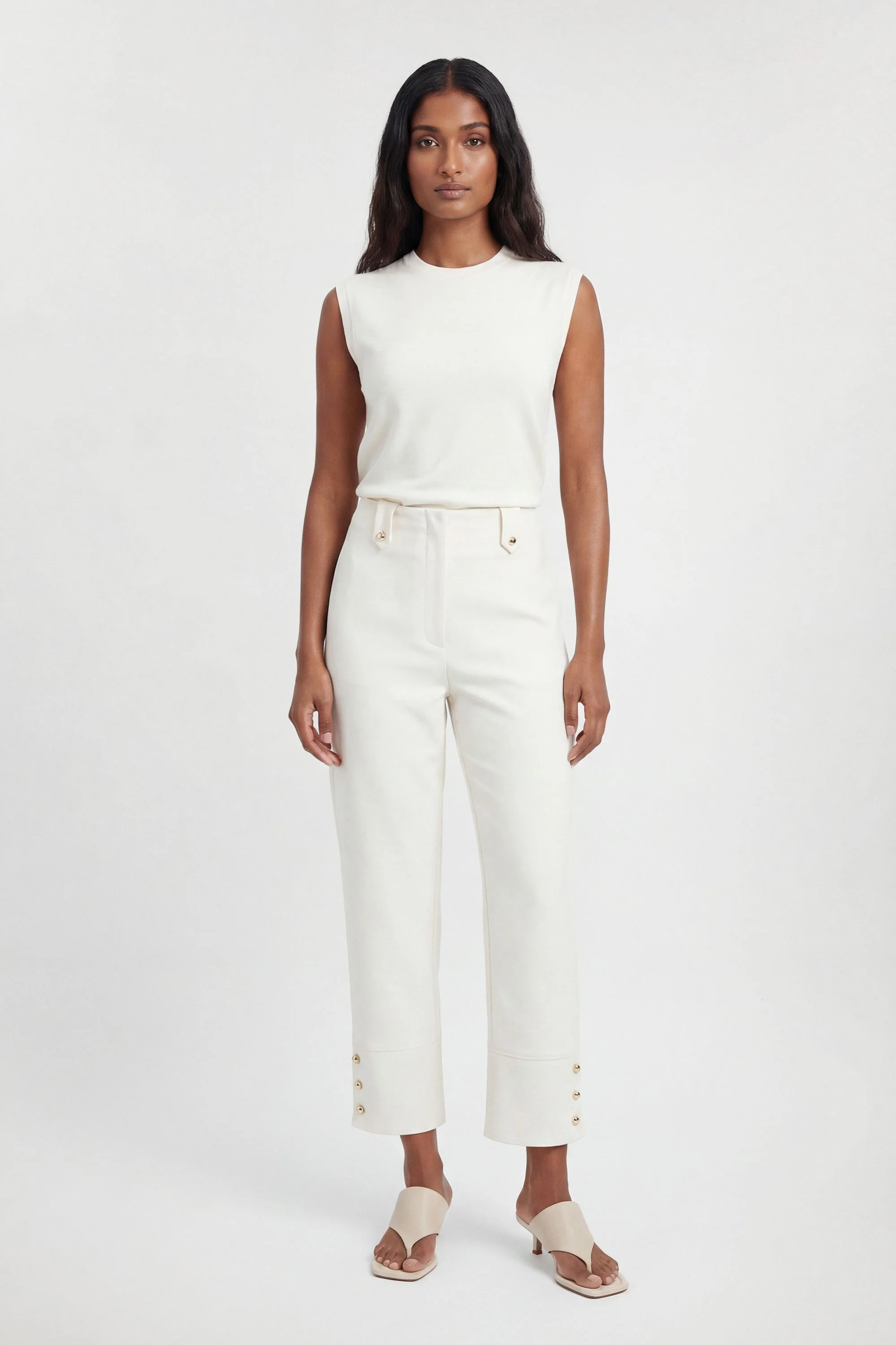 Compact Stretch Button Detail Straight Leg Trouser - 1
