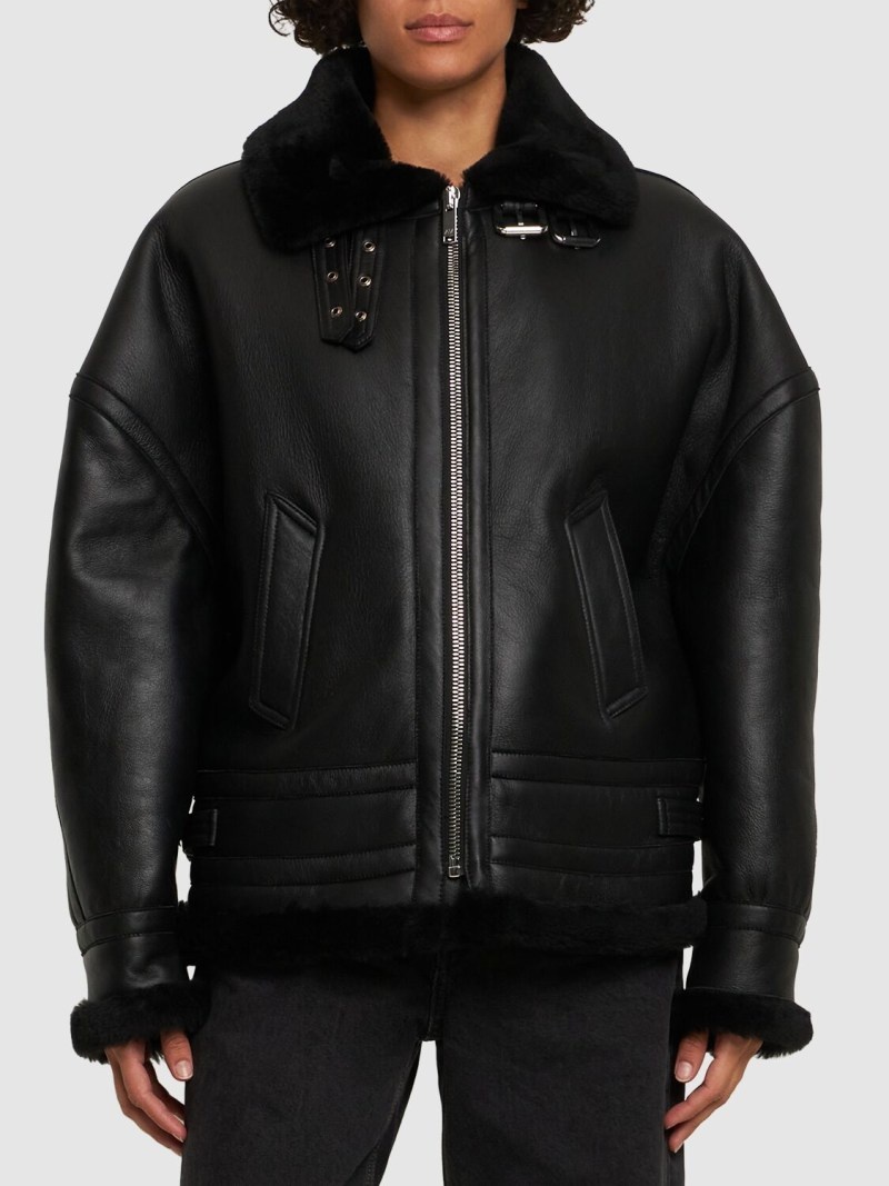 Leather biker jacket w/ buckle straps - 3