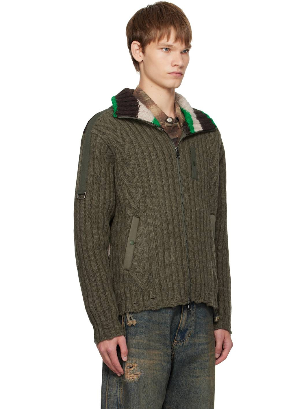 Khaki Stripe High-Neck Zip-Up Sweater - 2