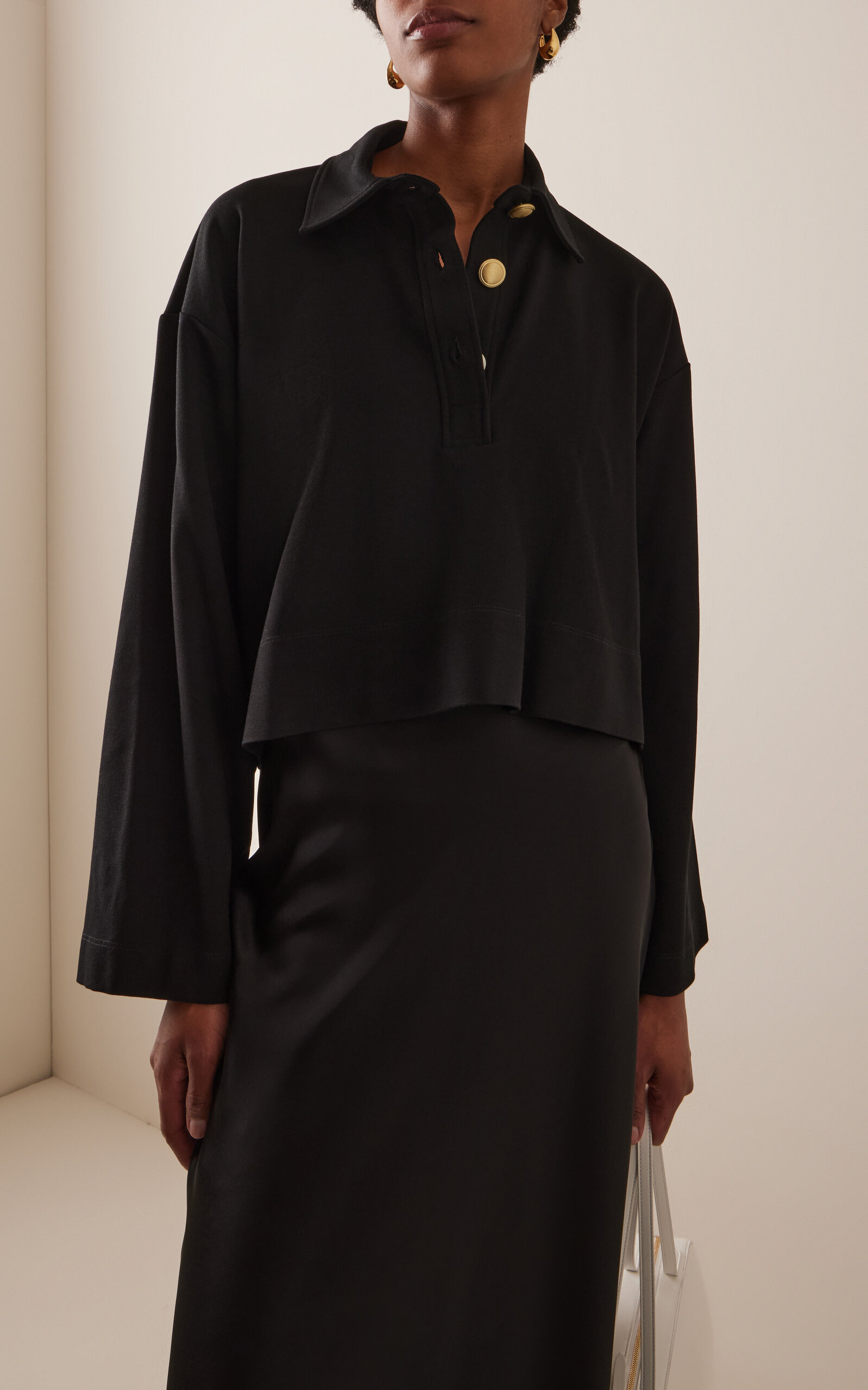 Cropped Knit Jersey Polo Sweater black - 3