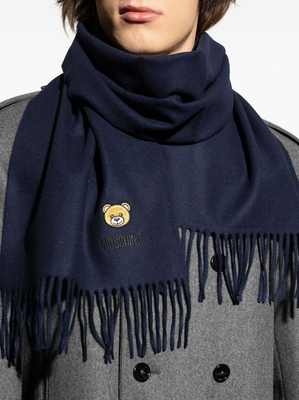 teddy bear-embroidered fringed scarf - 3