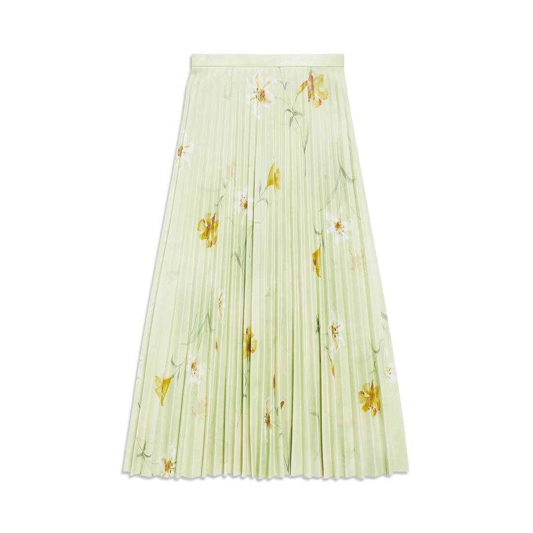 Women's Lilies Printed Pleated Skirt in Green - 1