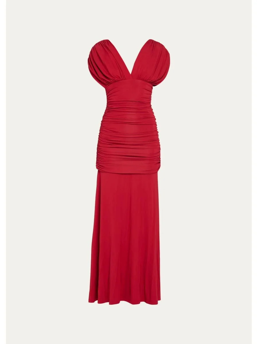 Norvelle Ruched Cap-Sleeve Gown - 1