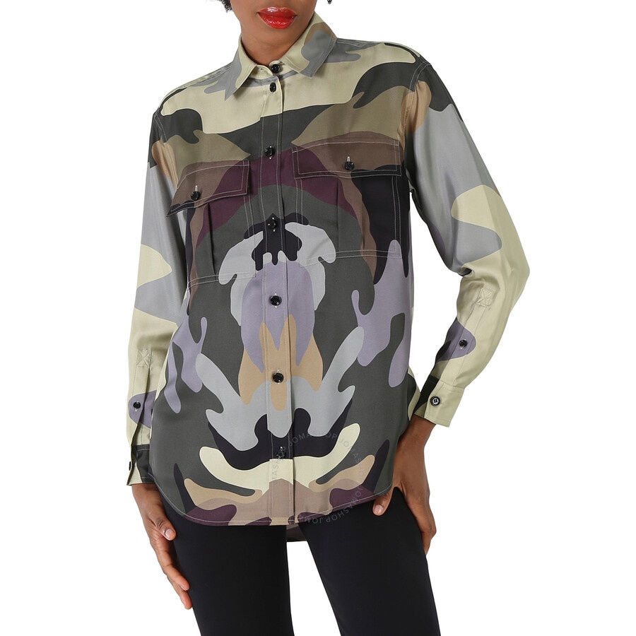 Burberry Ladies Ferne Camouflage Print Oversized Silk Shirt - 4