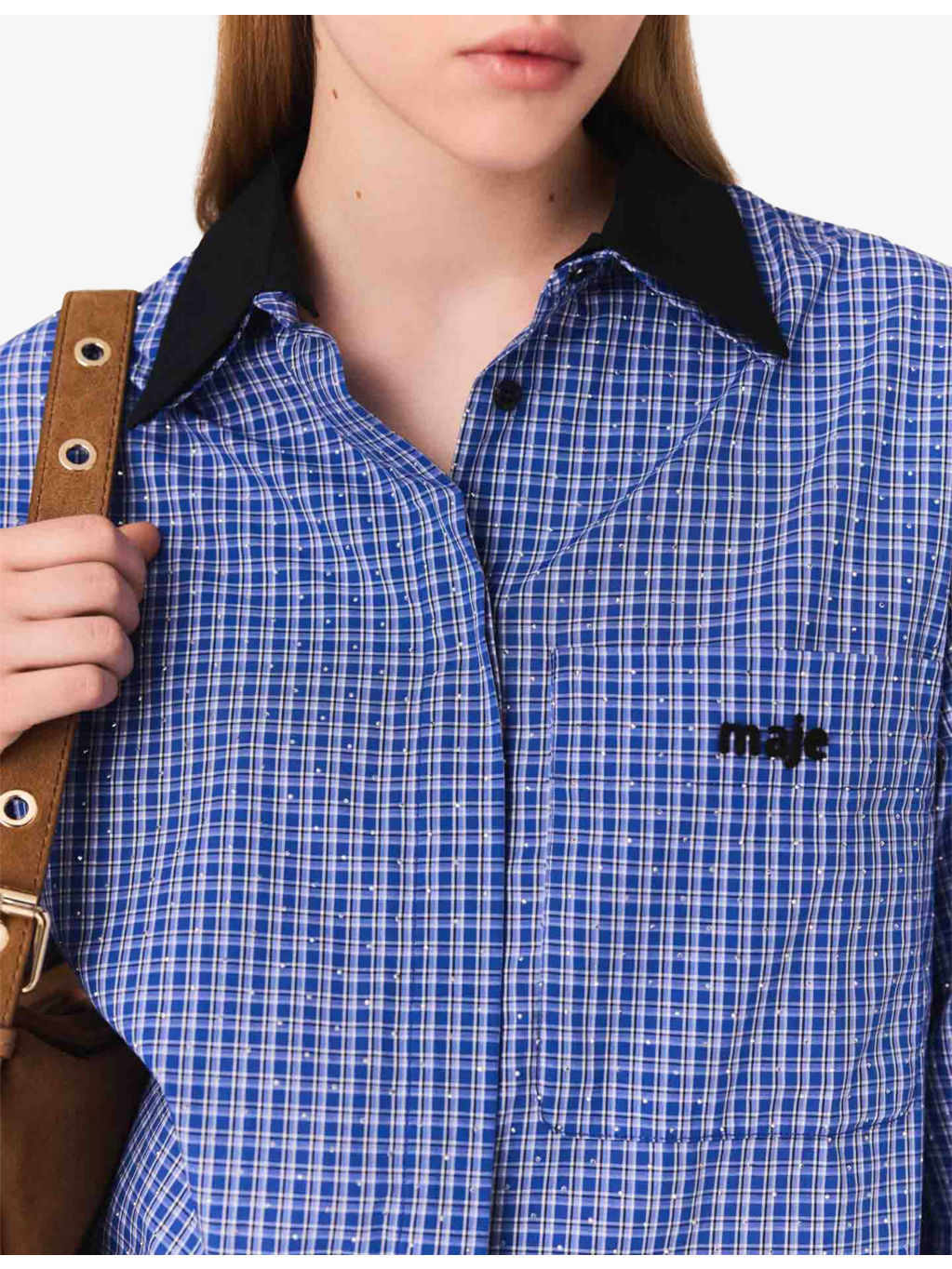 Rhinestone-Embellished Removable-Collar Cotton Shirt - 6