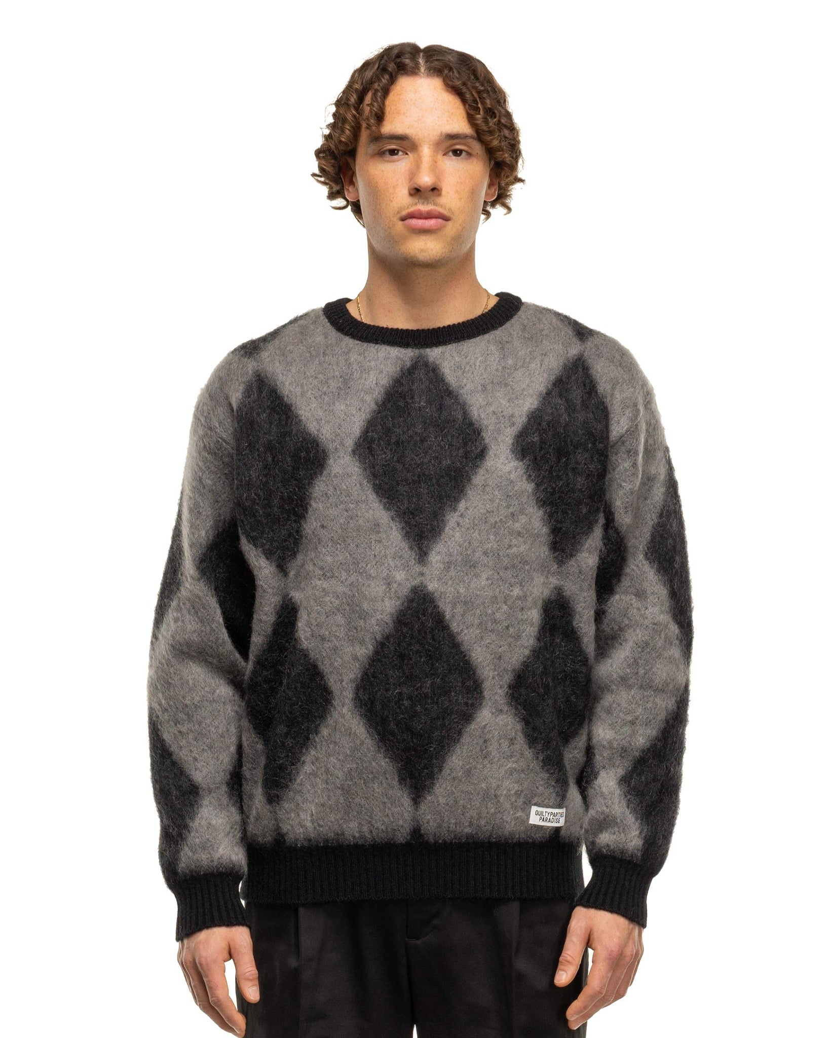 WACKO MARIA Diamond Mohair Crew Neck Sweater Grey | REVERSIBLE