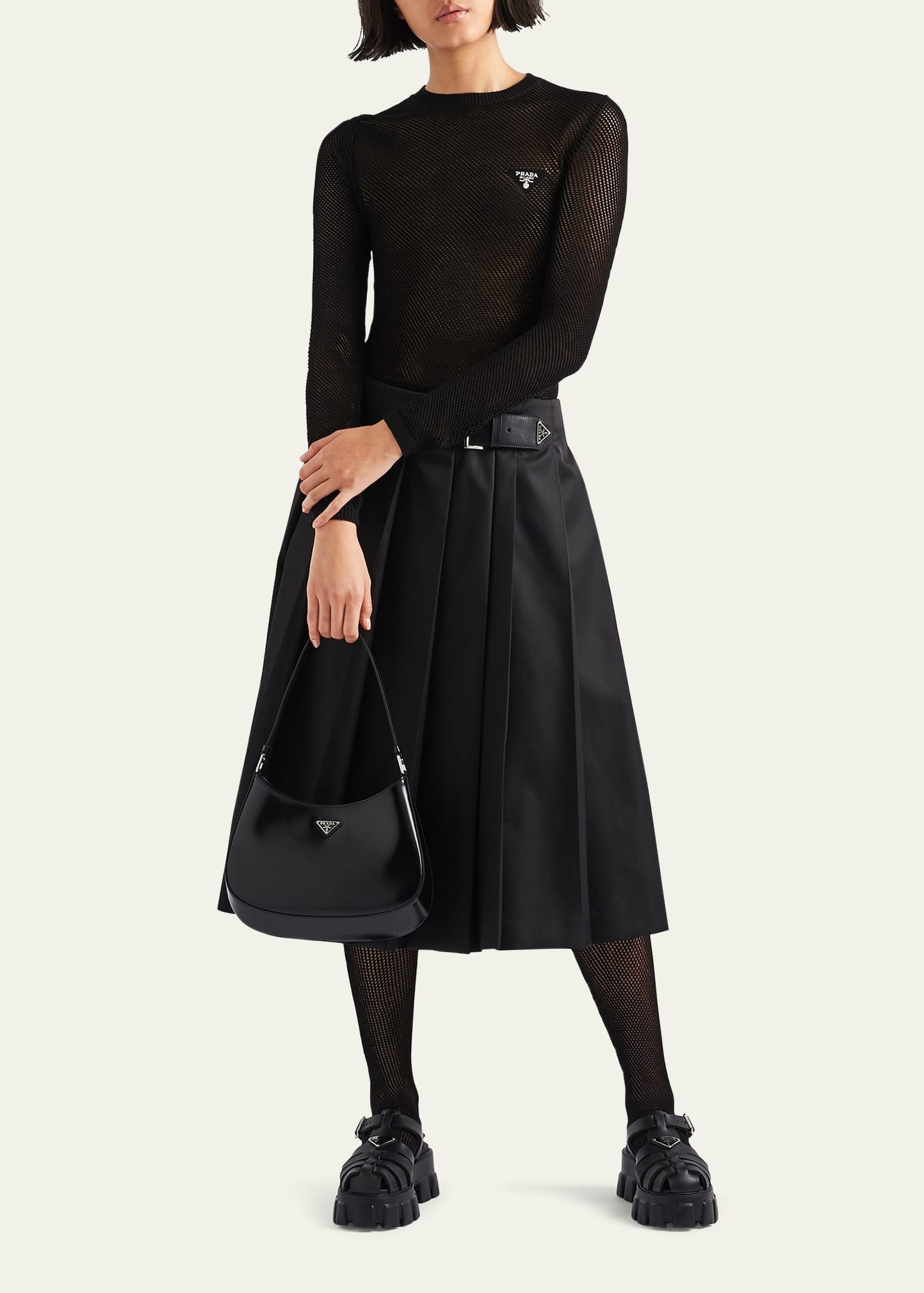 Recycled Nylon Pleated Belted Midi Skirt - 2