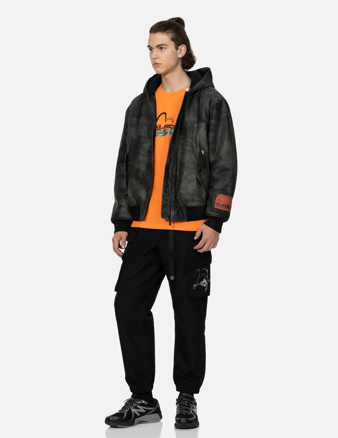 Hooded Grain Pattern Regular Fit Leather Bomber Jacket - 3