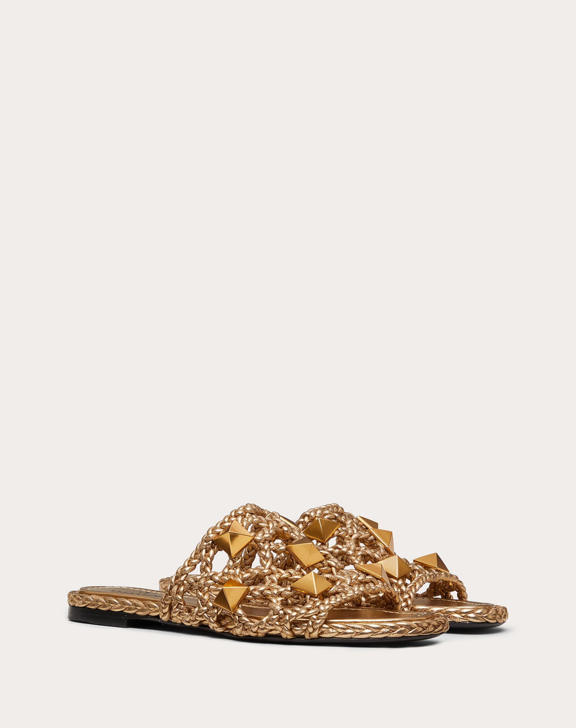 ROMAN STUD FLAT SLIDE SANDAL IN WOVEN METALLIC NAPPA - 2