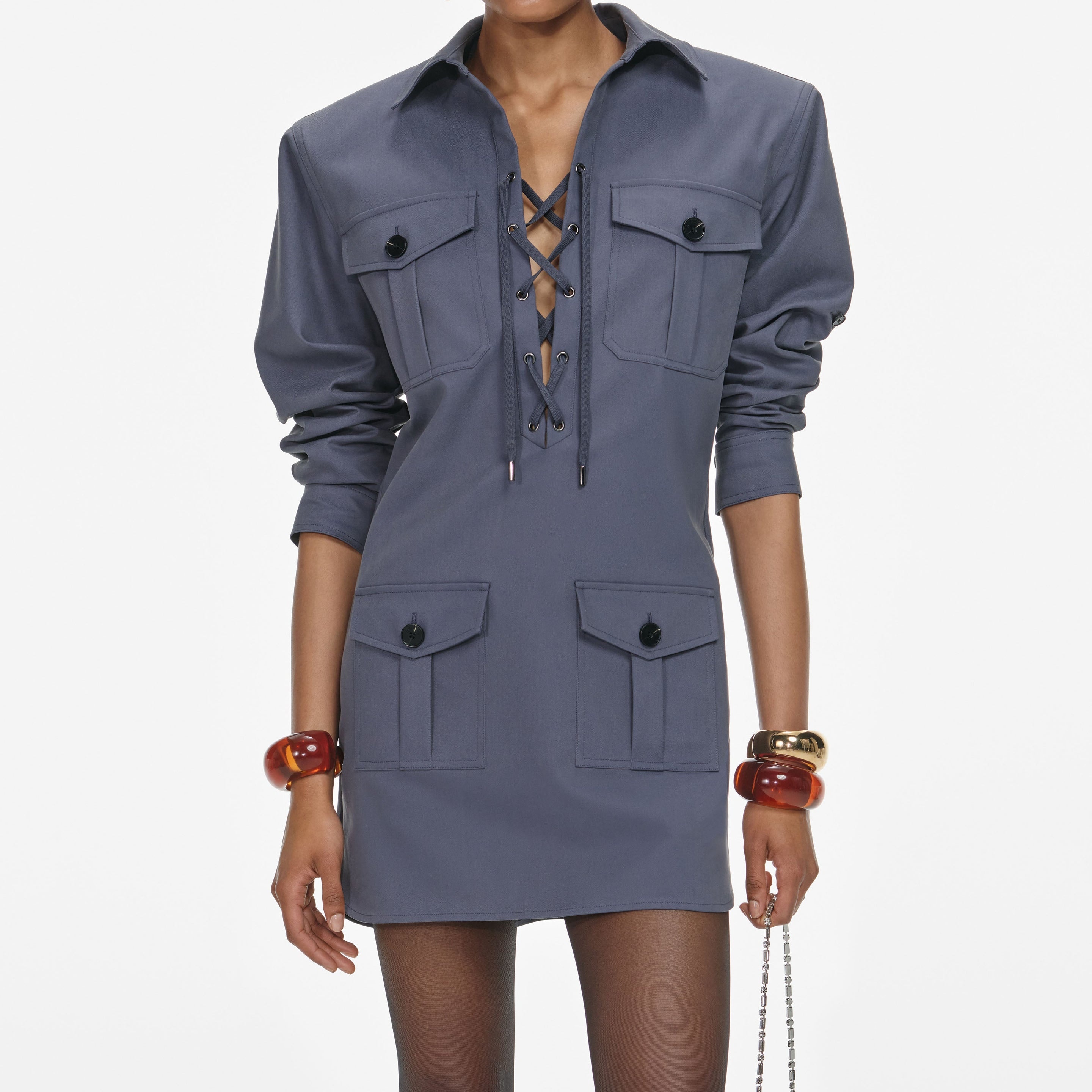 Grey Cotton Long Sleeve Mini Dress - 4