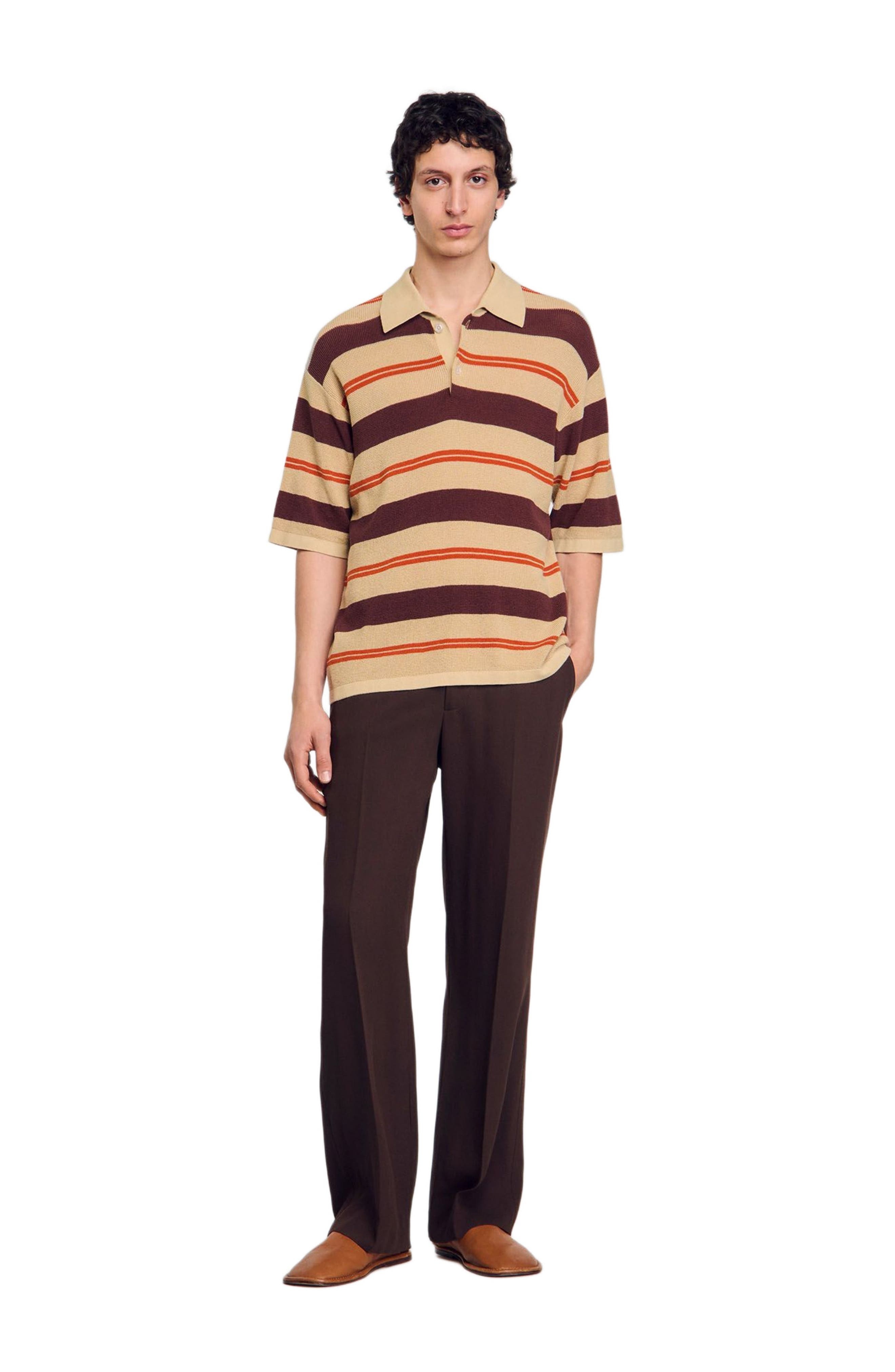 SANDRO Striped knit polo shirt in Nut at Nordstrom - 1