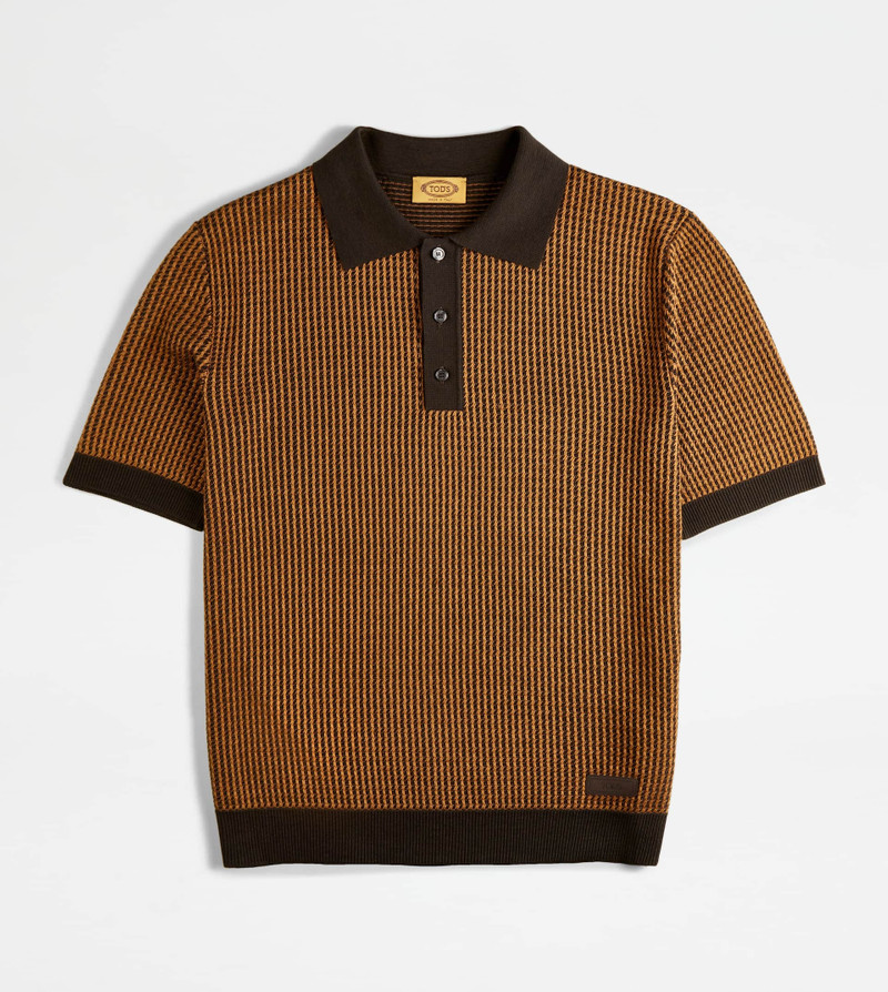POLO SHIRT IN SILK BLEND KNIT - BROWN, BEIGE 1