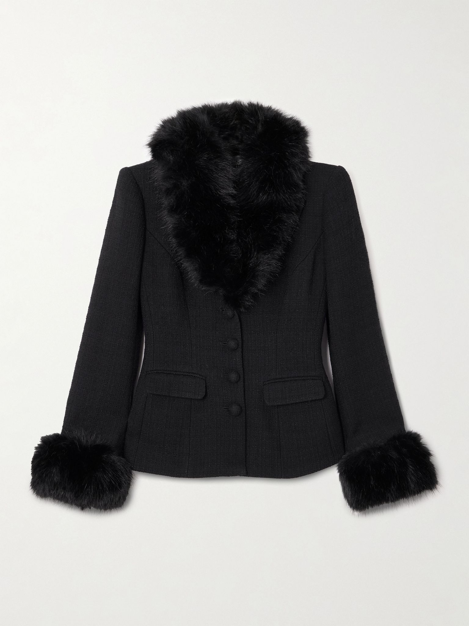 Plush-trimmed bouclé-tweed jacket Black - 1