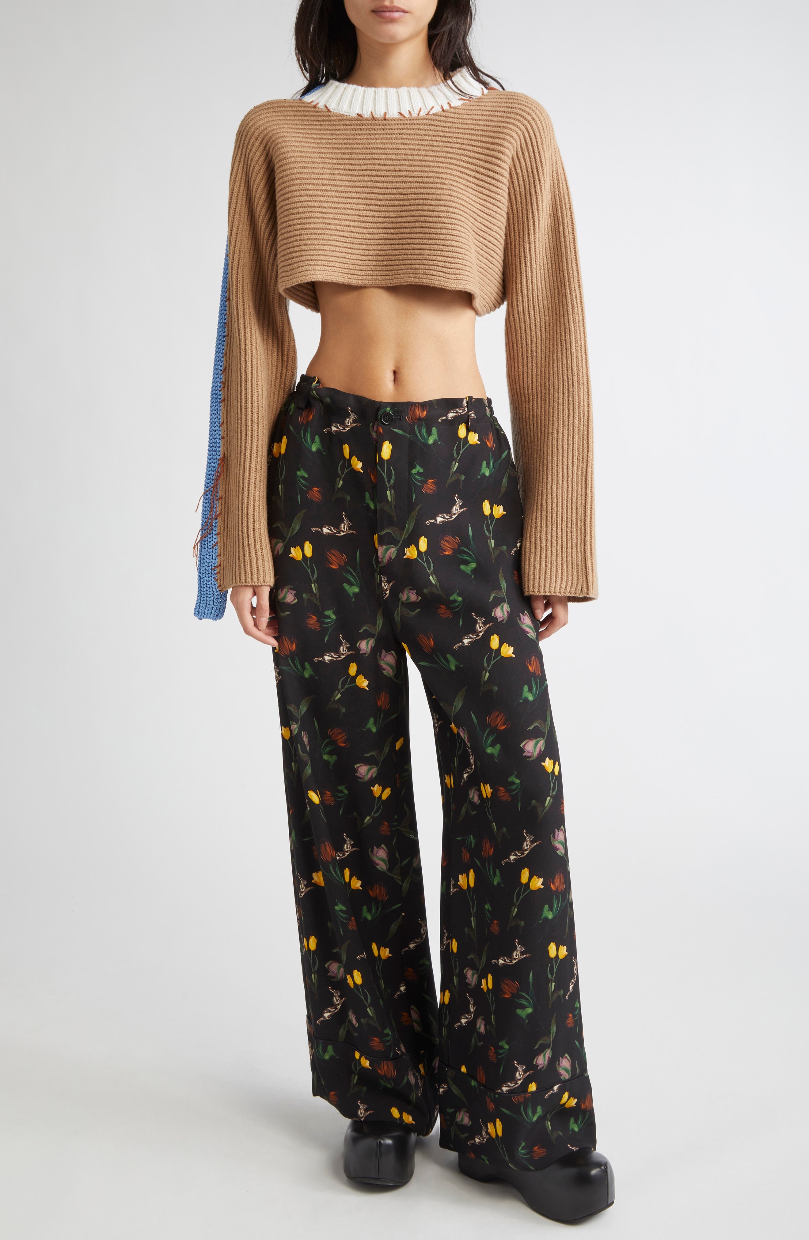 Marni Patchwork Crewneck Crop Sweater in Dune at Nordstrom - 2