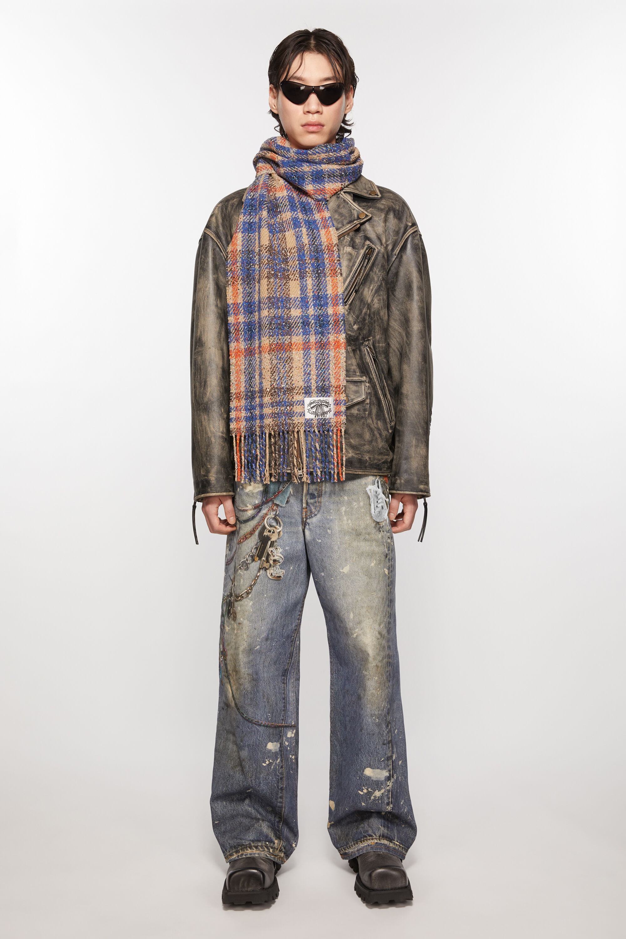 Plaid fringe scarf - Beige/blue - 3