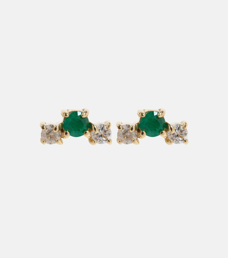 Dainty Emerald Goddess 14kt gold stud earrings with emeralds and diamonds 1