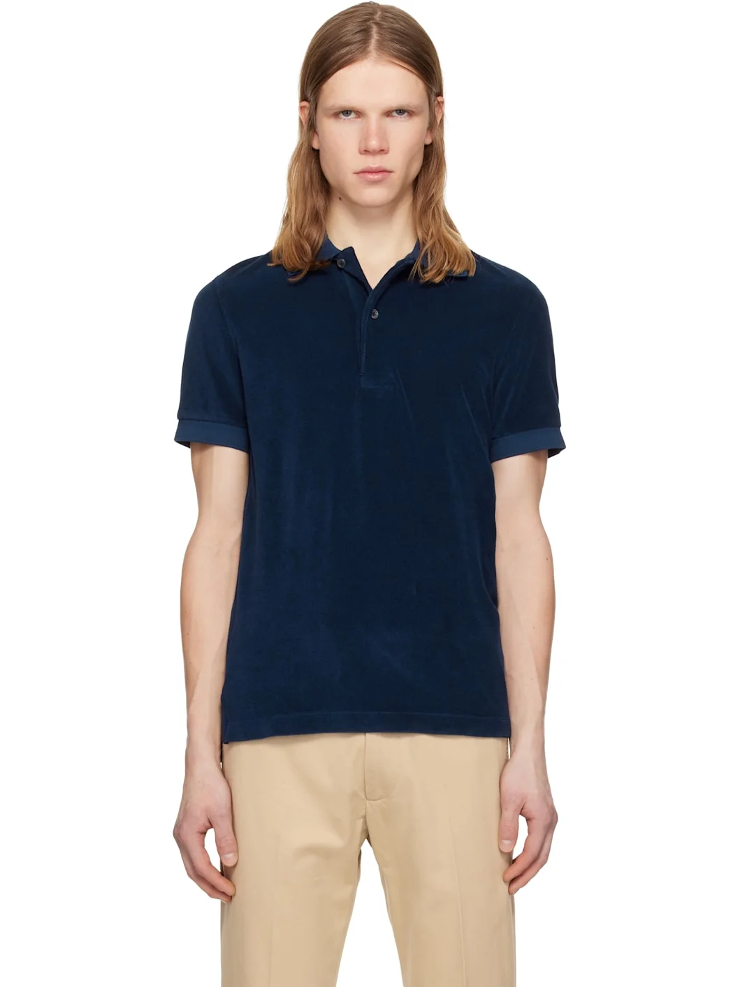 Navy Towelling Short Sleeve Polo - 1