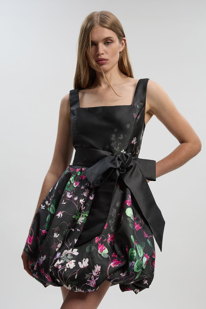 Scattered Floral Twill Mini Puff Ball Woven Dress 1