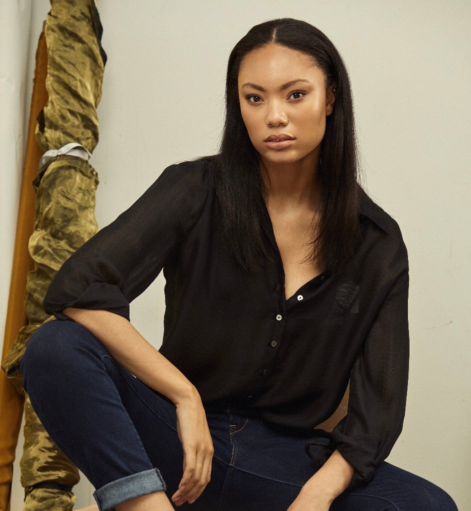 Black Double Silk Chiffon Sheer Andrea Blouse - 3
