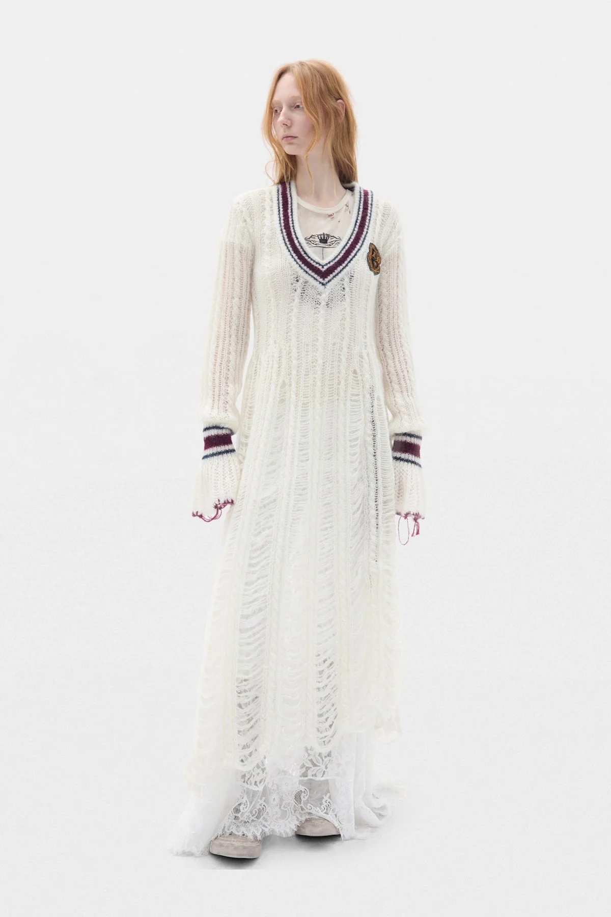 Danna Cable Knit Ladder Stitch Asymmetric Dress with Embroidered Emble - 1